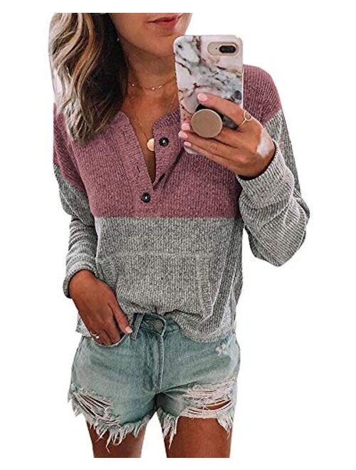 Womens V Neck Henley Shirts Pocket Ribbed Long Sleeve Button Down Tops Casual Loose Fit Tees