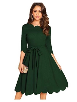 Women's Elegant Belted 3 4 Sleeve Fit Flare Cocktail Scallop Dress