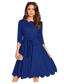 Women's Elegant Belted 3 4 Sleeve Fit Flare Cocktail Scallop Dress