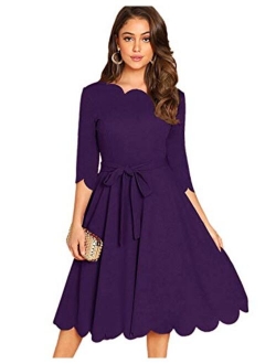 Women's Elegant Belted 3 4 Sleeve Fit Flare Cocktail Scallop Dress