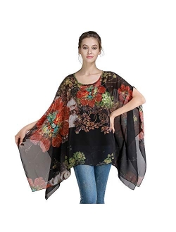 Max Hsuan Women's Loose Solid Sheer Chiffon Caftan Poncho Batwing Tunic Top Blouse Summer Oversized Shirts