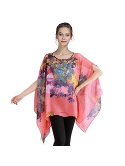 Max Hsuan Women's Loose Solid Sheer Chiffon Caftan Poncho Batwing Tunic Top Blouse Summer Oversized Shirts