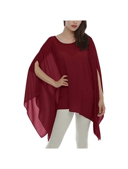 Max Hsuan Women's Loose Solid Sheer Chiffon Caftan Poncho Batwing Tunic Top Blouse Summer Oversized Shirts