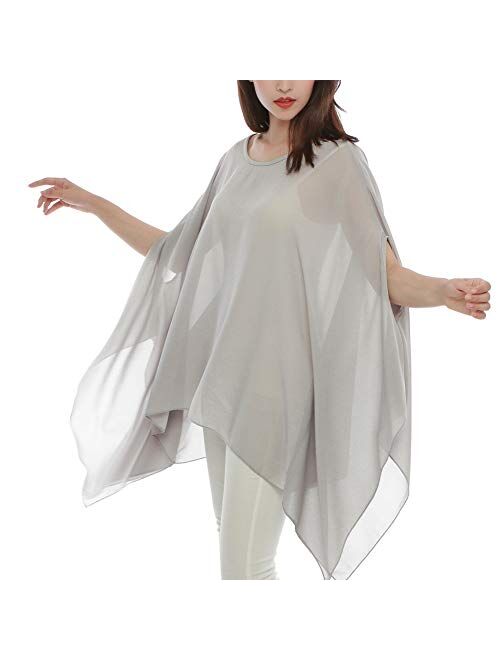 Max Hsuan Women's Loose Solid Sheer Chiffon Caftan Poncho Batwing Tunic Top Blouse Summer Oversized Shirts