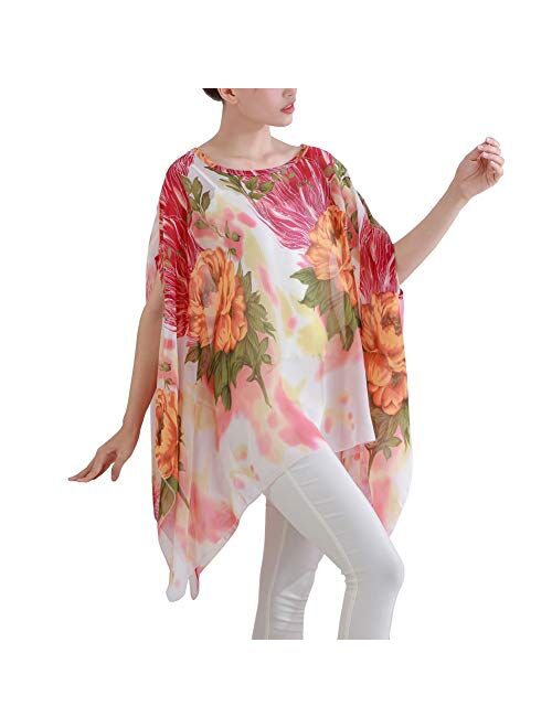 Max Hsuan Women's Loose Solid Sheer Chiffon Caftan Poncho Batwing Tunic Top Blouse Summer Oversized Shirts