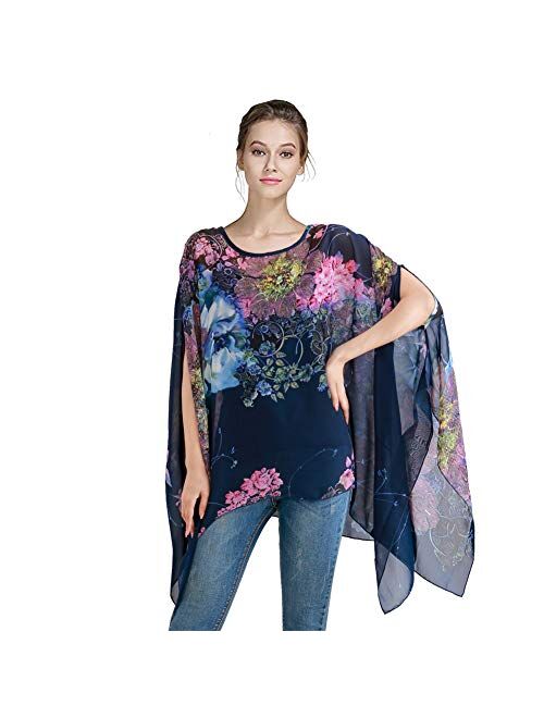 Max Hsuan Women's Loose Solid Sheer Chiffon Caftan Poncho Batwing Tunic Top Blouse Summer Oversized Shirts