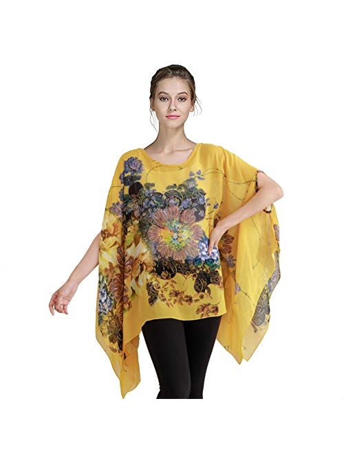 Max Hsuan Women's Loose Solid Sheer Chiffon Caftan Poncho Batwing Tunic Top Blouse Summer Oversized Shirts