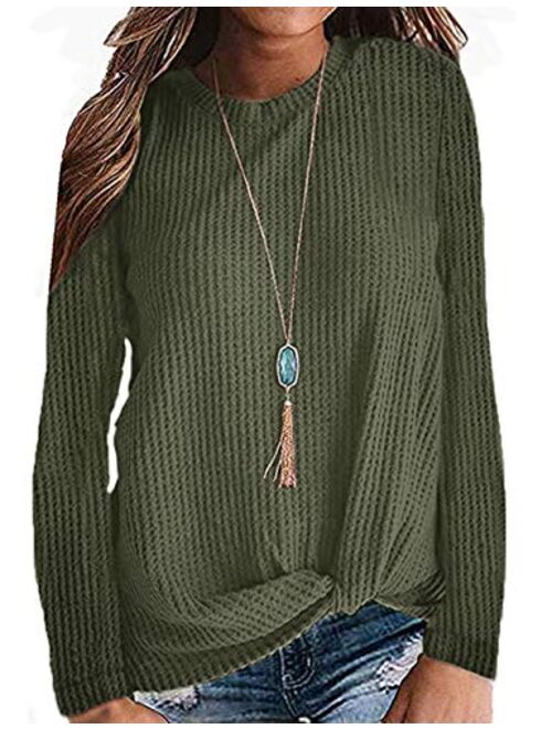 TODOLOR Women Casual Twist Knot Waffle Top Cute Long Sleeve Knit Shirt Tank Top