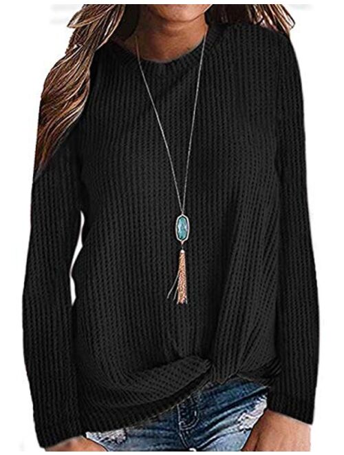 TODOLOR Women Casual Twist Knot Waffle Top Cute Long Sleeve Knit Shirt Tank Top