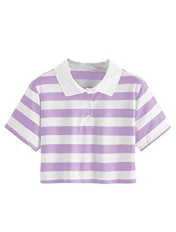 Women's Collar Half Button Short Sleeve Striped Crop Top T-Shirts