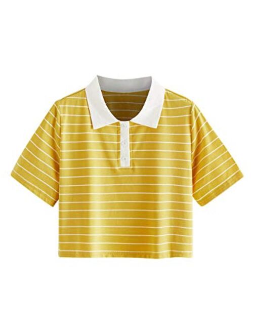 SweatyRocks Women's Collar Half Button Short Sleeve Striped Crop Top T-Shirts