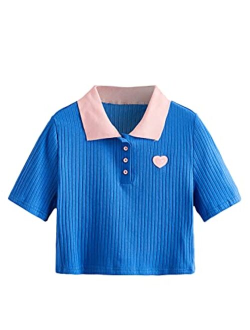 SweatyRocks Women's Collar Half Button Short Sleeve Striped Crop Top T-Shirts