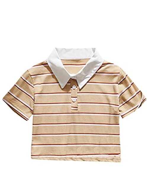 SweatyRocks Women's Collar Half Button Short Sleeve Striped Crop Top T-Shirts
