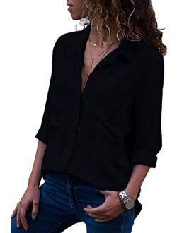 MISSLOOK Womens Button Down Shirts Roll-up Sleeve Blouse V Neck Casual Tunics Solid Color Tops with Pockets