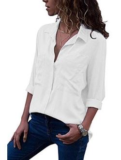 MISSLOOK Womens Button Down Shirts Roll-up Sleeve Blouse V Neck Casual Tunics Solid Color Tops with Pockets