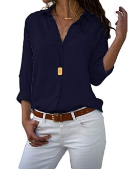 MISSLOOK Womens Button Down Shirts Roll-up Sleeve Blouse V Neck Casual Tunics Solid Color Tops with Pockets