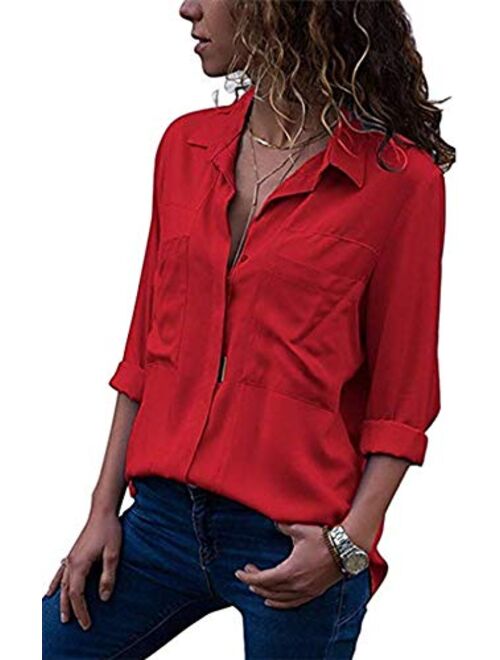 MISSLOOK Womens Button Down Shirts Roll-up Sleeve Blouse V Neck Casual Tunics Solid Color Tops with Pockets