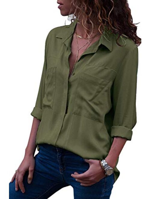 MISSLOOK Womens Button Down Shirts Roll-up Sleeve Blouse V Neck Casual Tunics Solid Color Tops with Pockets