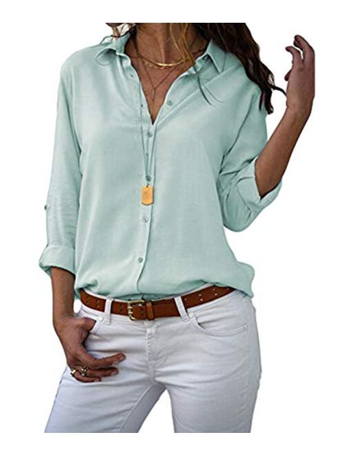 MISSLOOK Womens Button Down Shirts Roll-up Sleeve Blouse V Neck Casual Tunics Solid Color Tops with Pockets