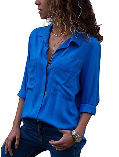 MISSLOOK Womens Button Down Shirts Roll-up Sleeve Blouse V Neck Casual Tunics Solid Color Tops with Pockets