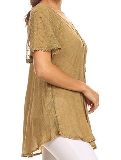 Sakkas Ellie Sequin Embroidered Cap Sleeve Scoop Neck Relaxed Fit Blouse