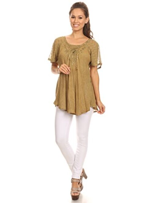 Sakkas Ellie Sequin Embroidered Cap Sleeve Scoop Neck Relaxed Fit Blouse