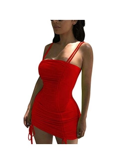 LuFeng Women's Double Spaghetti Strap Ruched Bodycon Sexy Dresses Party Night Club Dresses