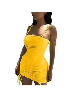 LuFeng Women's Double Spaghetti Strap Ruched Bodycon Sexy Dresses Party Night Club Dresses