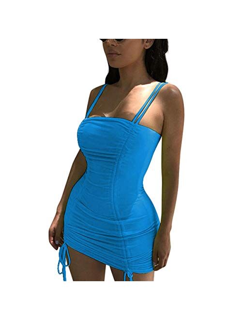 LuFeng Women's Double Spaghetti Strap Ruched Bodycon Sexy Dresses Party Night Club Dresses