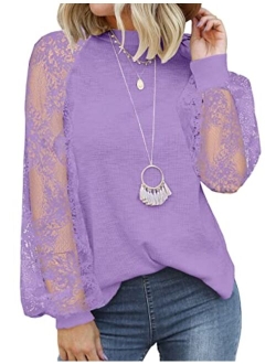 MIHOLL Womens Long Sleeve Tops Lace Casual Loose Blouses T Shirts