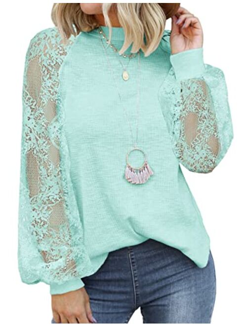 MIHOLL Womens Long Sleeve Tops Lace Casual Loose Blouses T Shirts