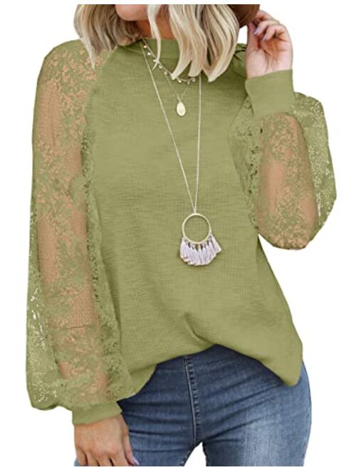 MIHOLL Womens Long Sleeve Tops Lace Casual Loose Blouses T Shirts