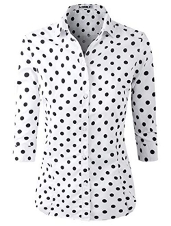 Doublju Womens Basic Slim Fit Simple 3/4 Sleeve Button Down Shirt with Plus Size