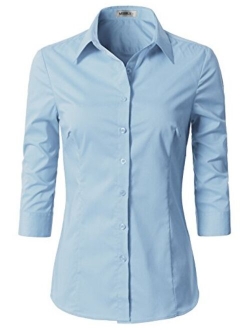 Doublju Womens Basic Slim Fit Simple 3/4 Sleeve Button Down Shirt with Plus Size