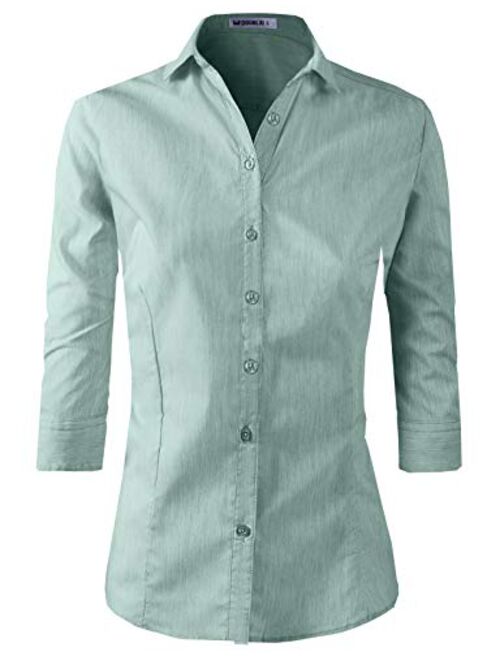 Doublju Womens Basic Slim Fit Simple 3/4 Sleeve Button Down Shirt with Plus Size