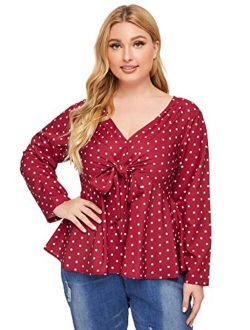 Womens Plus Size Polka Dots Knot Front Deep V Neck Short Sleeve Blouse Tops