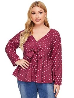 Womens Plus Size Polka Dots Knot Front Deep V Neck Short Sleeve Blouse Tops