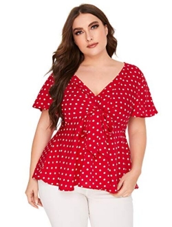 Womens Plus Size Polka Dots Knot Front Deep V Neck Short Sleeve Blouse Tops