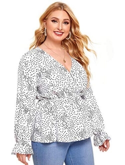 Womens Plus Size Polka Dots Knot Front Deep V Neck Short Sleeve Blouse Tops