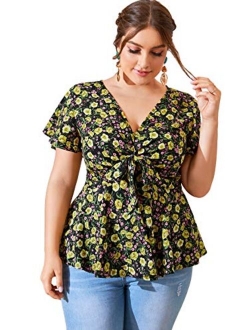 Womens Plus Size Polka Dots Knot Front Deep V Neck Short Sleeve Blouse Tops