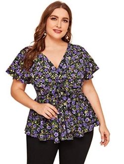 Womens Plus Size Polka Dots Knot Front Deep V Neck Short Sleeve Blouse Tops