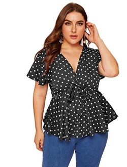 Womens Plus Size Polka Dots Knot Front Deep V Neck Short Sleeve Blouse Tops