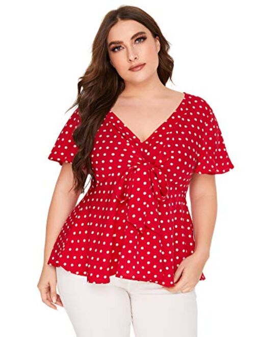 Romwe Womens Plus Size Polka Dots Knot Front Deep V Neck Short Sleeve Blouse Tops