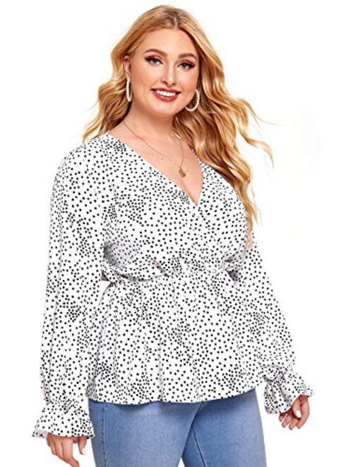 Romwe Womens Plus Size Polka Dots Knot Front Deep V Neck Short Sleeve Blouse Tops