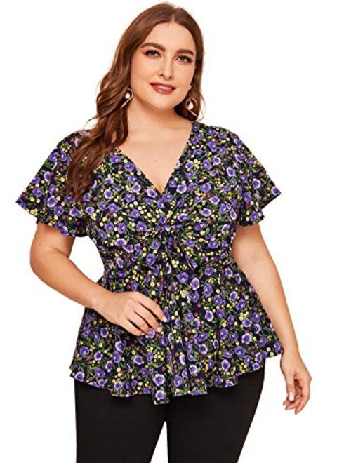 Romwe Womens Plus Size Polka Dots Knot Front Deep V Neck Short Sleeve Blouse Tops