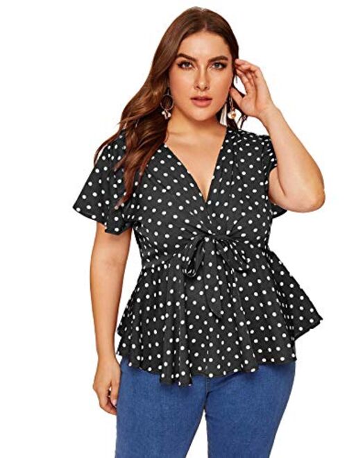 Romwe Womens Plus Size Polka Dots Knot Front Deep V Neck Short Sleeve Blouse Tops