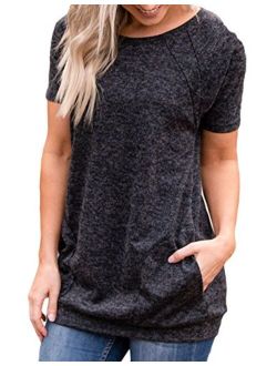 Defal Womens Summer Short Sleeve Round Neck Quick Dry Cool Tunic Tops Loose Gym Workout T-Shirt with Pockets