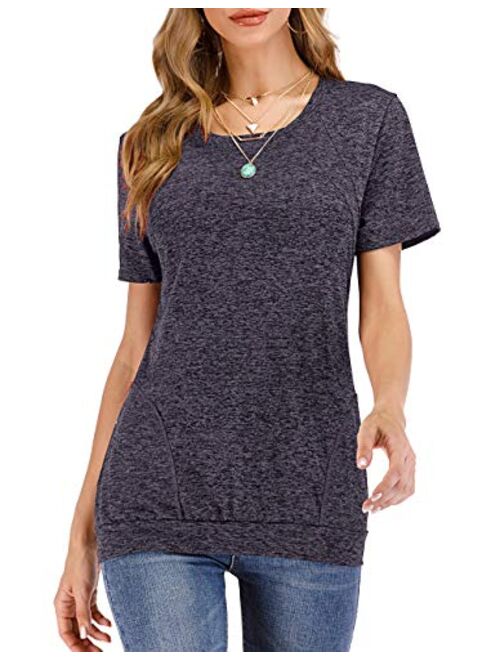 Defal Womens Summer Short Sleeve Round Neck Quick Dry Cool Tunic Tops Loose Gym Workout T-Shirt with Pockets