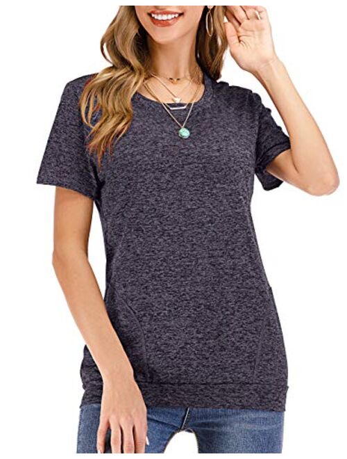 Defal Womens Summer Short Sleeve Round Neck Quick Dry Cool Tunic Tops Loose Gym Workout T-Shirt with Pockets