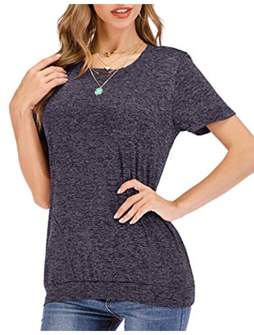 Defal Womens Summer Short Sleeve Round Neck Quick Dry Cool Tunic Tops Loose Gym Workout T-Shirt with Pockets